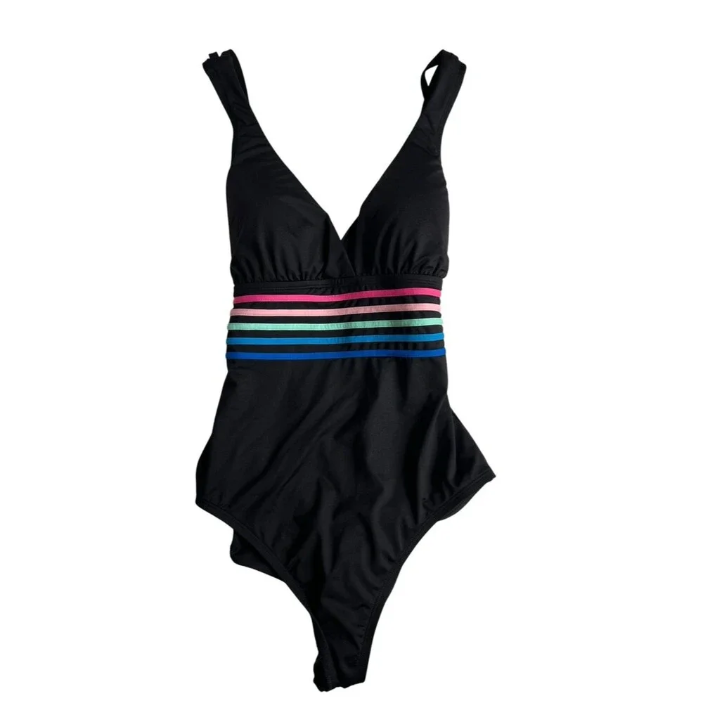 La Blanca Island Goddess Stripe One Piece Swimsuit Black Strappy Back 8